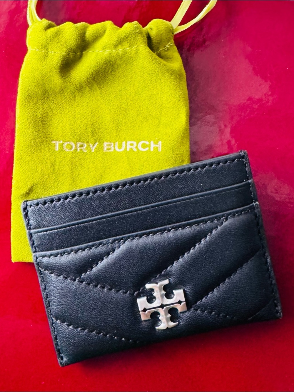 Tory Burch Black Quilted Leather Card Holder with Silver Logo